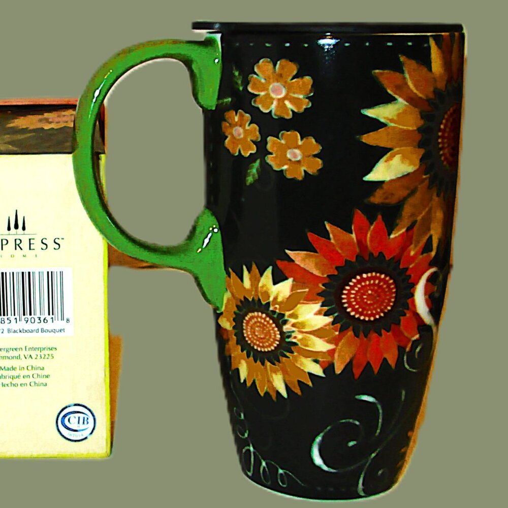 Lg ceramic Latte mug with sunflower yellow & orange shades, greenery motif,lid,